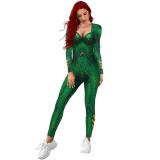 Aquaman Cosplay Costume Halloween Jumpsuit Slim Fit Long Sleeve T-Shirt Party Outfit For Women