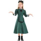 Halloween Kids Costumes Vampires Servant Cosplay Parent-child Costume Mysterious Castle Bat Outfit Dark Green Lace Dress