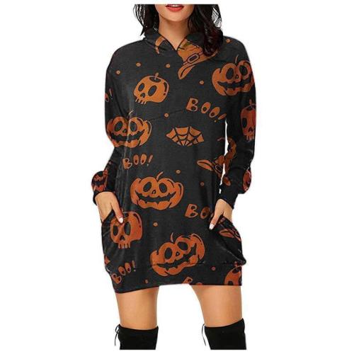 Halloween New Digital Printed Tops Hooded Long Sleeve Dress Women
