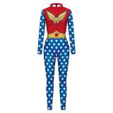 Superhero Wonder Woman Cosplay Costume Halloween Printed Jumpsuit Slim Fit Long Sleeve Party Outfit for Women