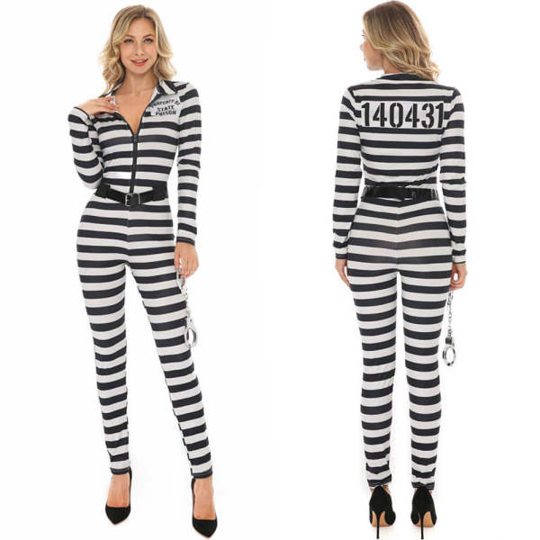 Halloween woman black and white striped prisoner costume