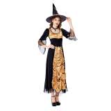 Witch Costumes Halloween Cosplay Witch Prom Fold Dress Costume with Tall Hat Black and Gold