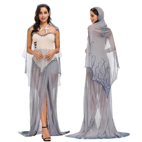 Halloween Zombie Bride Cosplay Costume Tim Burton's Corpse Bride Dress for Women Emily Costume Grey