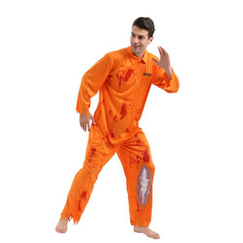 Prisoner Uniform Halloween Costume for Men Orange Prison Cosplay Jumpsuit Street Bar Outfit