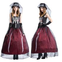Mummy Bride Costumes Halloween Ghost Bride Festival Cosplay Skull Zombie Printed Horror Dress with Hat Gloves