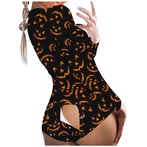 Women Pajamas Halloween Jumpsuit Dye Printed Nightwear Button Type Joined Bodies Trousers Buttocks Patch Butt Patch