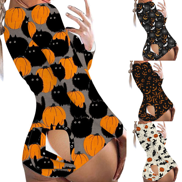 Women Pajamas Halloween Jumpsuit Dye Printed Nightwear Button Type Joined Bodies Trousers Buttocks Patch Butt Patch