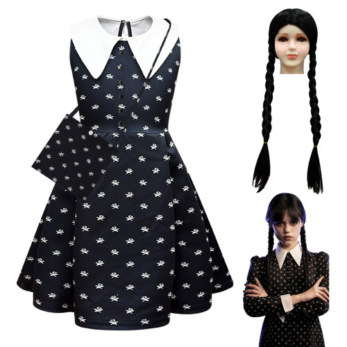 Wednesday Costume The Addams Family Cosplay Sleeveless Printed Dress For Kids