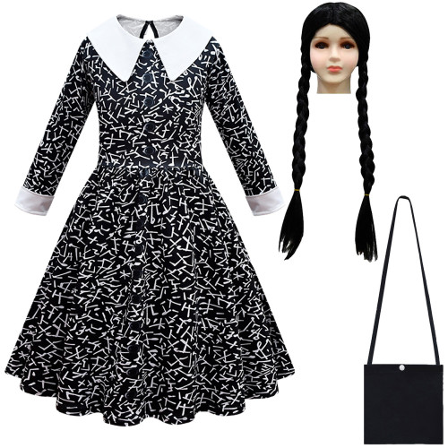 Wednesday Costume The Addams Family Cosplay Lapel Print Dress For Kids