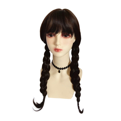Wednesday Wig The Addams Family Cosplay Black Double Ponytail Braid Wig For Adult
