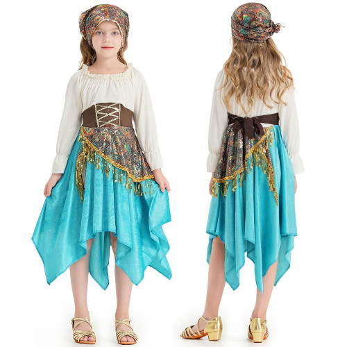 Gypsy Girl Sky Blue Irregular Hemline Children Halloween carnival costume for kids