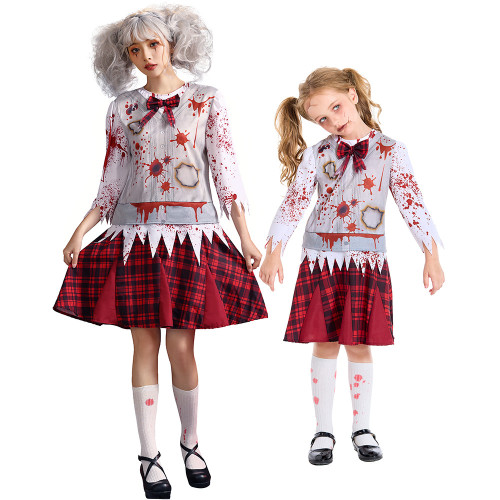 Zombie bloodstained red grid student Dress Outfits Cosplay Costume Halloween Party For Kids