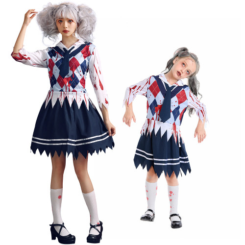 Zombie Bloodstained Student Dress Outfits Halloween Cosplay Family Matching Costume