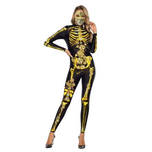 Halloween 3D Yellow Skeleton Printed Cosplay Costume Zentai Jumpsuit