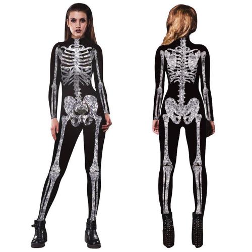 Black Printed Skull Skeleton Catsuit Jumpsuit Halloween Costume