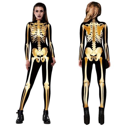 Golden Digital Printed Skull Skeleton Catsuit Halloween Costume