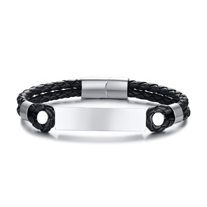 Wholesale Engraved Stainless Steel Men's Leather ID Bracelet
