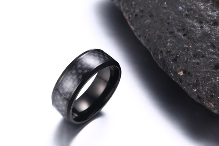 8mm Men's Stainless Steel Black IP in Black Carbon Fiber Ring