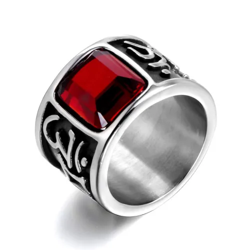 Mens Stainless Steel Biker Rings with Ruby CZ
