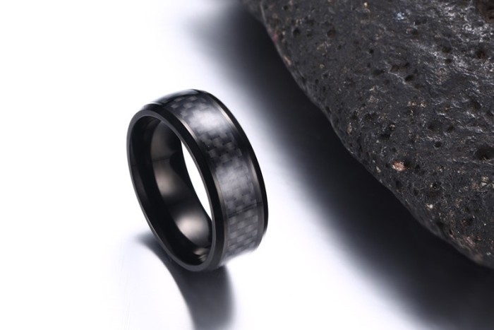 8mm Men's Stainless Steel Black IP in Black Carbon Fiber Ring