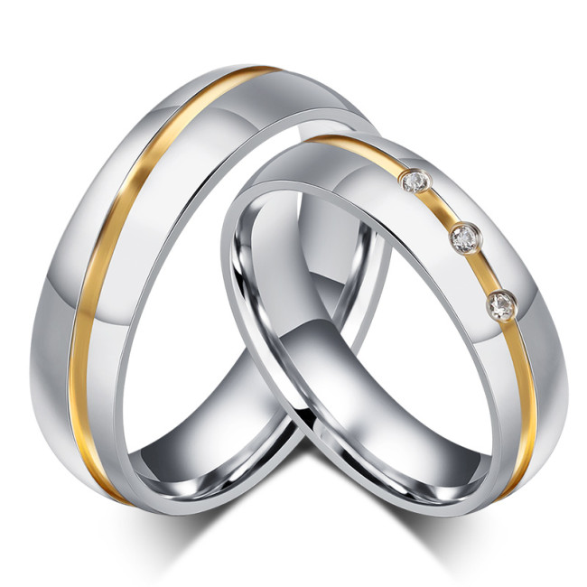 Stainless Steel Center IP Gold Line 3 CZ Engagement Ring