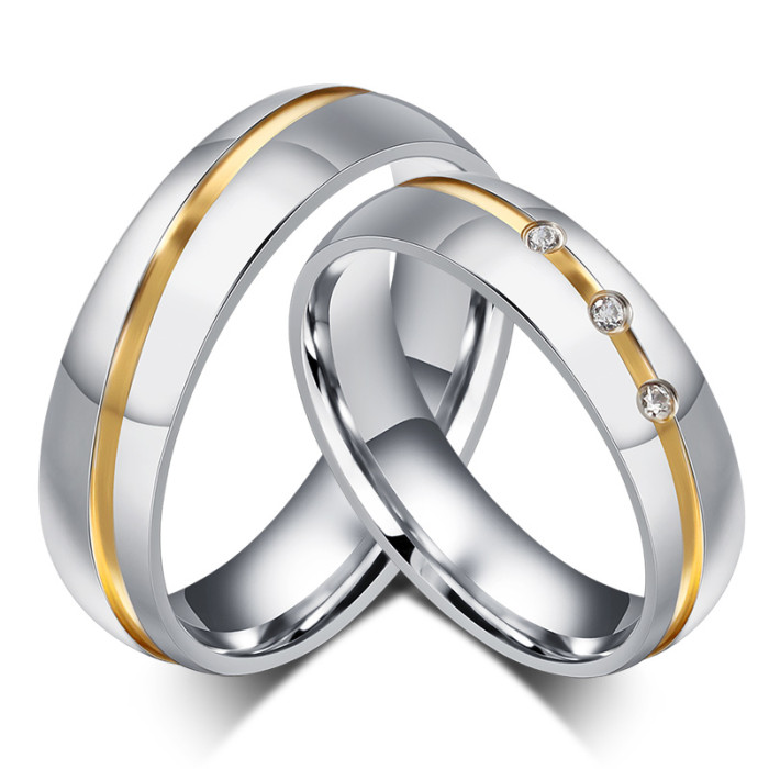 Stainless Steel Center IP Gold Line 3 CZ Engagement Ring