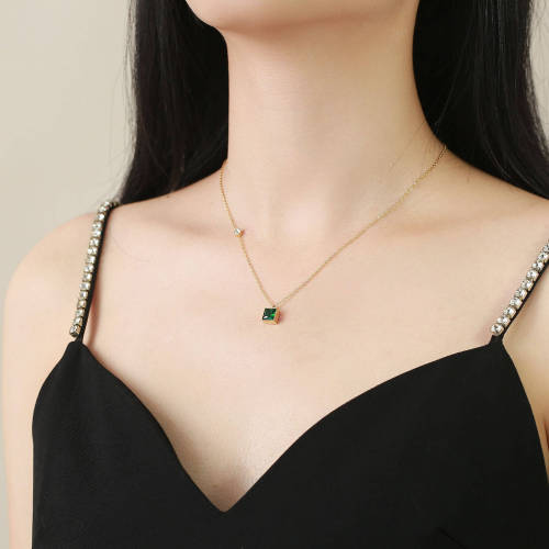 Stainless Steel Green Zirconia Square Necklace