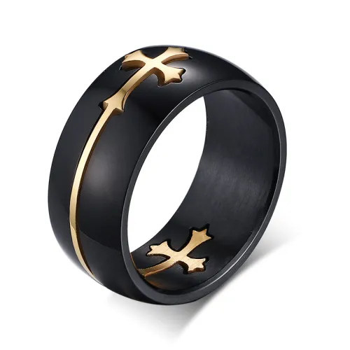 Cross Center Gold and Black 2-Tone Purzle Ring 316L Stainless Steel