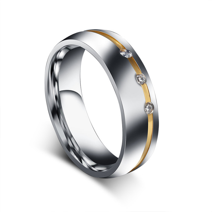 Stainless Steel Center IP Gold Line 3 CZ Engagement Ring