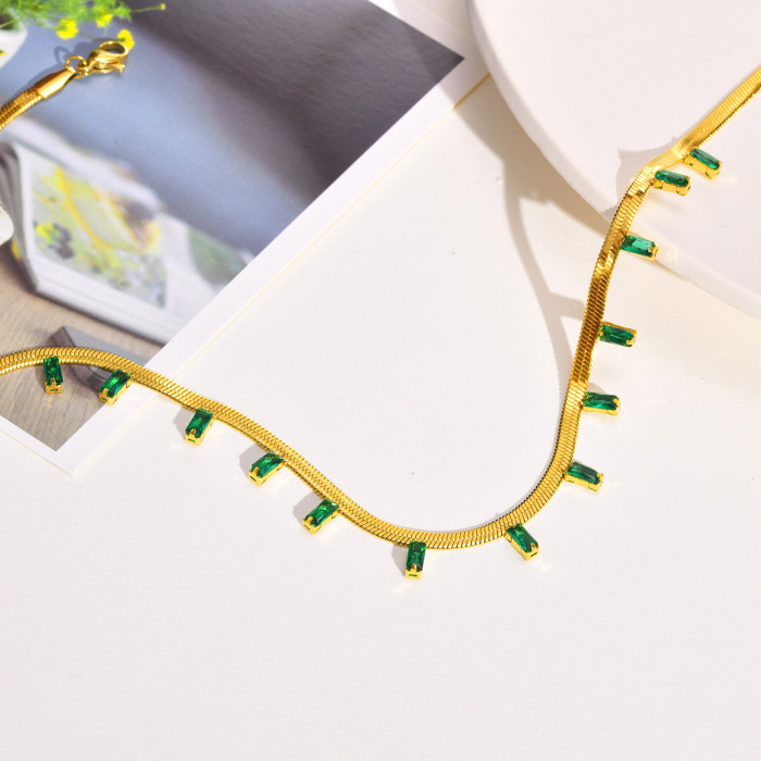 Wholesale Stainless Steel Green Zirconia Flat Snake Chain