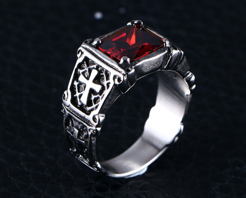 Stainless Steel Prong Setting Big Red Stone Cross Biker Ring