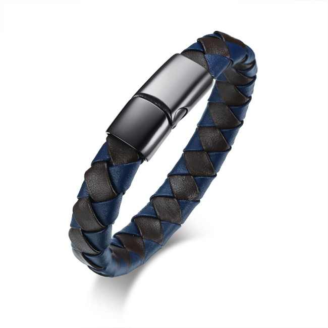 Wholesale Mens Black and Blue Leather Bracelet