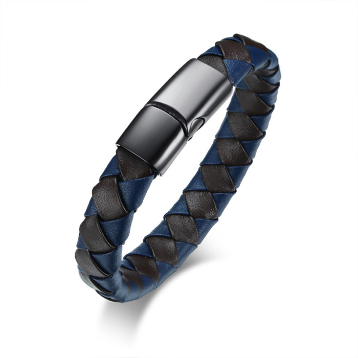 Wholesale Mens Black and Blue Leather Bracelet