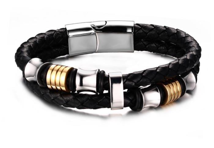 Mens IP Gold Beads Black Braid Leather Bracelet