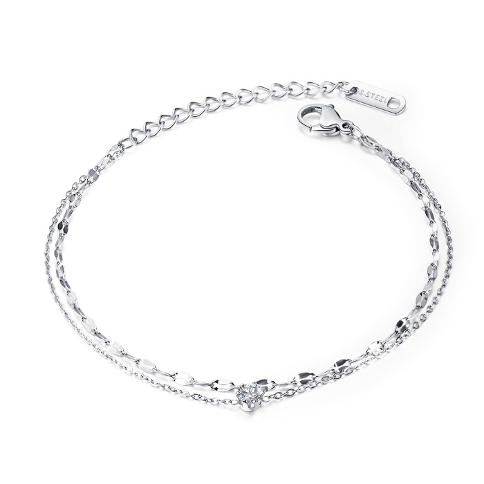 Wholesale Stainless Steel Charm Double Chain CZ Anklet