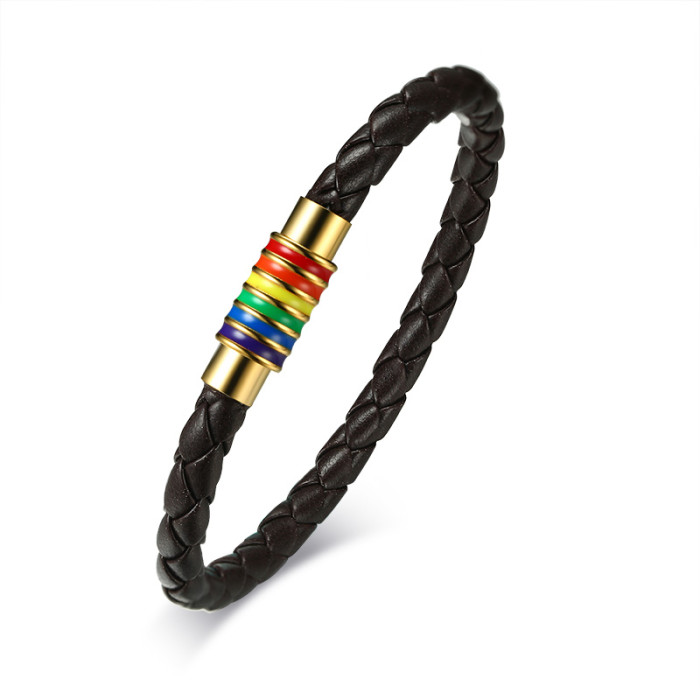Black Braided Leather Bracelet with Magnetic Rainbow Striped Closure