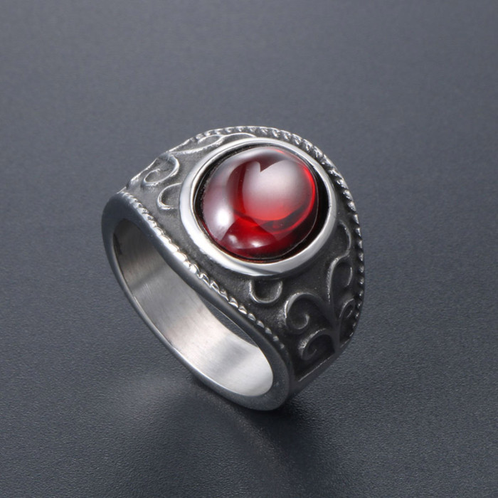 Wholesale Stainless Steel Garnet CZ Vintage Biker Ring