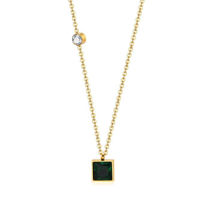 Stainless Steel Green Zirconia Square Necklace