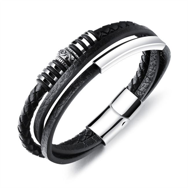 Stainless Steel Black Leather Bracelet