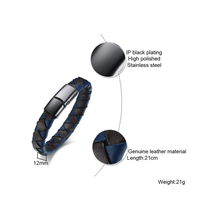 Wholesale Mens Black and Blue Leather Bracelet