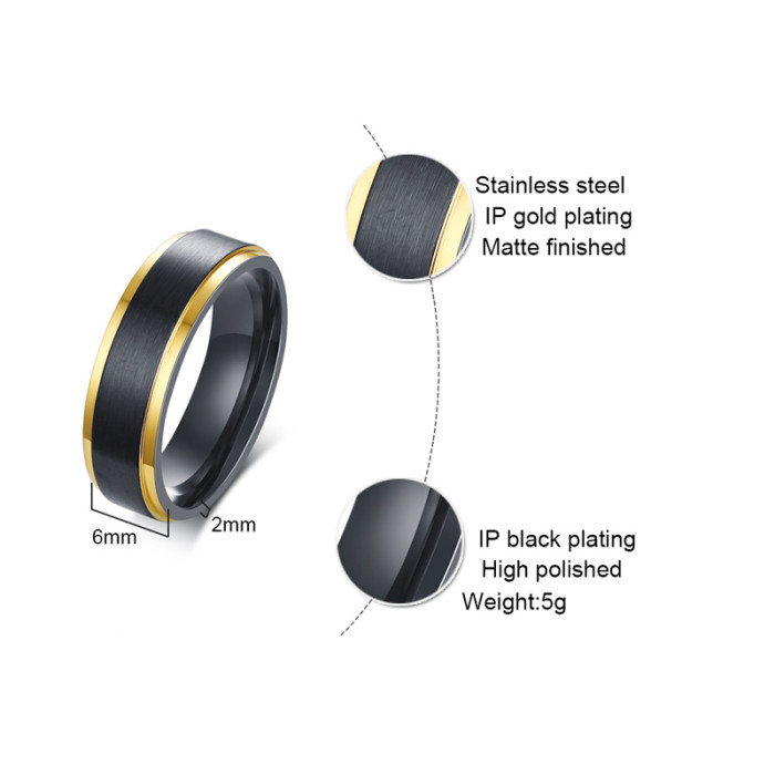 Wholesale Stainless Steel A 6mm Black Mens Ring