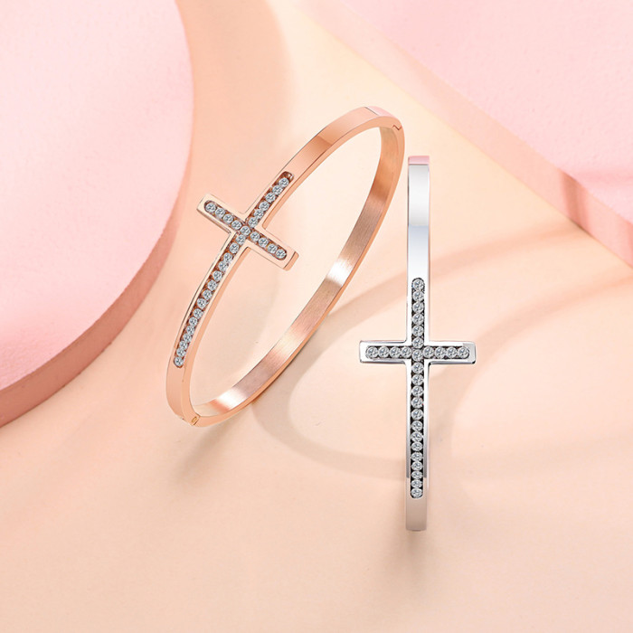 Wholesale Stainless Steel Sideways Cross Bracelet with CZ Stone