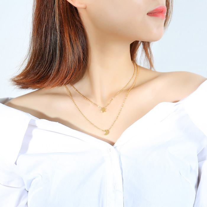 Wholesale Stainless Steel Double Layer Moon & Star Pendant Necklace