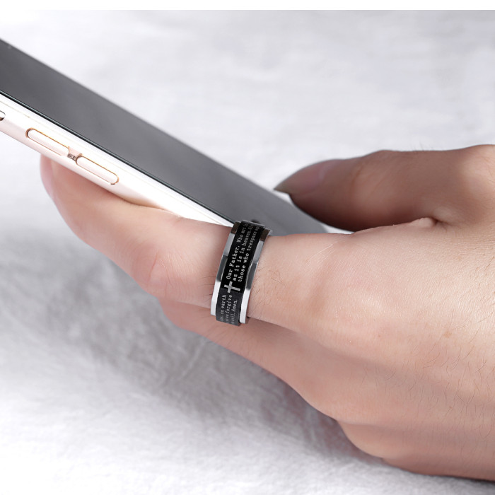 Stainless Steel Black Bible Lord Prayer Cross Ring Wholesale