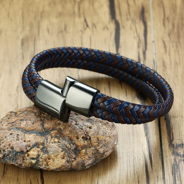 Wholesale Stainless Steel Magnetic Buckle Leather Bracelet
