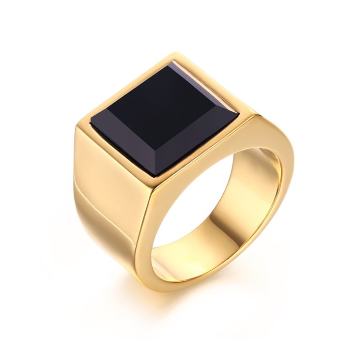Wholesale Mens Black Agate Steel Gold Rings