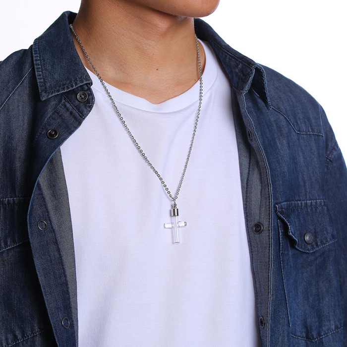 Wholesale Stainless Steel Silver Cross Urn Necklace