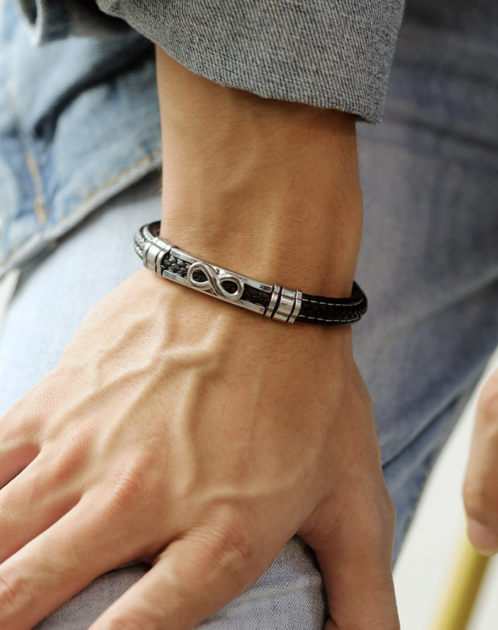 Wholesale Stainless Steel Men's Infinity Leather Knot Bracelet
