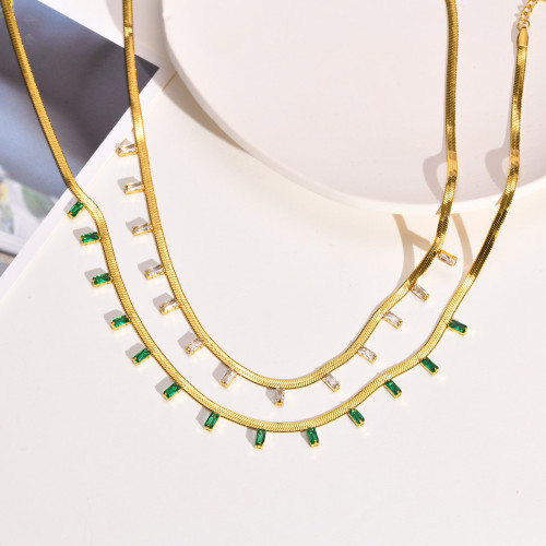 Wholesale Stainless Steel Green Zirconia Flat Snake Chain