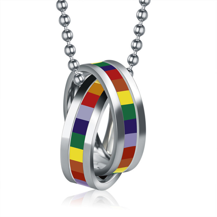 Two Permanently Intertwined Stainless Steel Rings with Rainbow Stripes Necklace